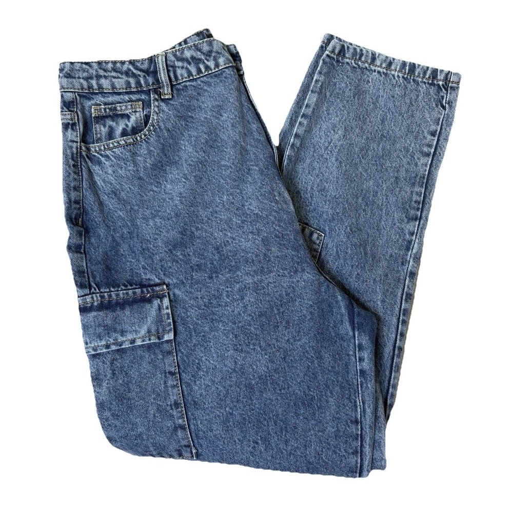 Boohoo Cargo Jeans Women USA 12 / UK 16 Acid Wash Denim Utility Pockets Straight